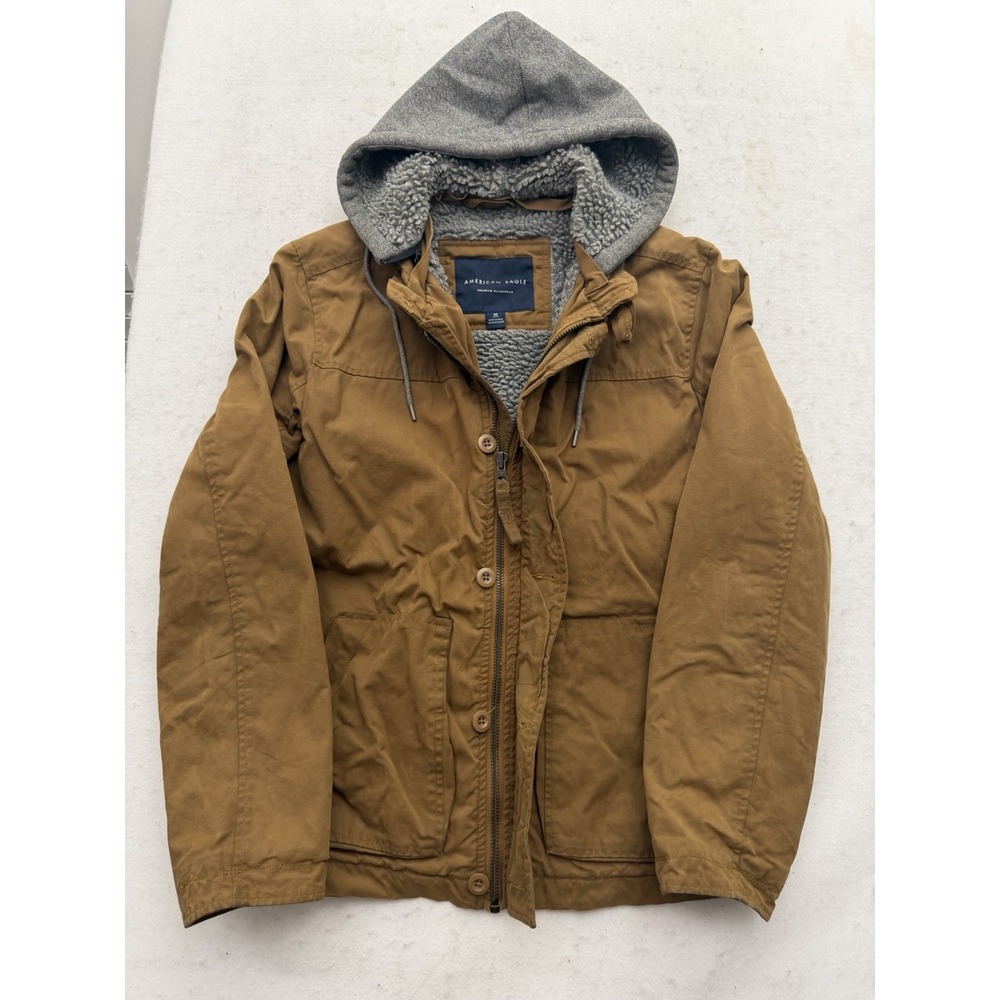 American Eagle Work Jacket Men's M Coat Sherpa Lined Hooded Brown Gray Zip